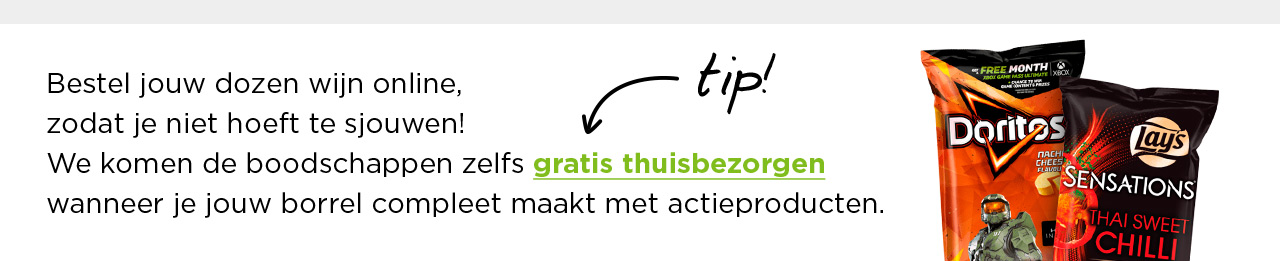 Bestel jouw dozen wijn online, zodat je niet hoeft te sjouwen! We komen de boodschappen zelfs gratis thuisbezorgen wanneer je jouw borrel compleet maak met actieproducten.