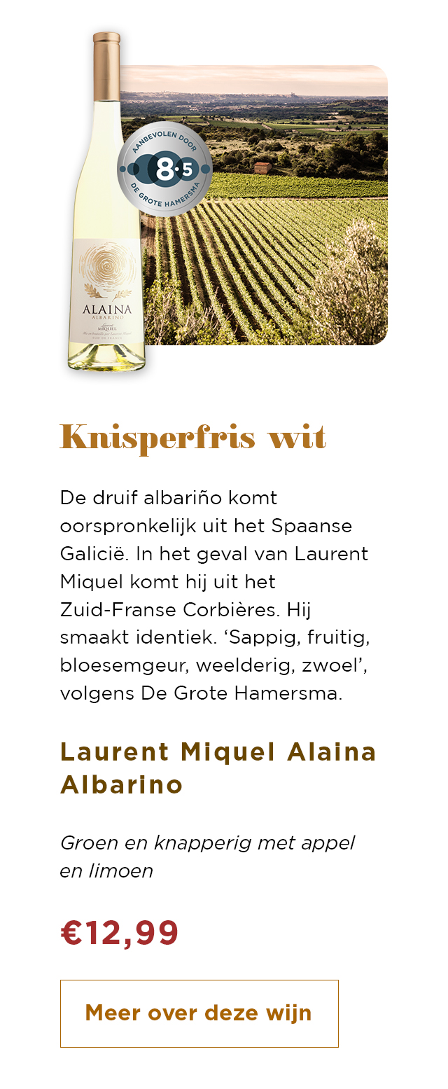 Knisperfris wit | Laurent Miquel Alaina Albarino | Meer over deze wijn