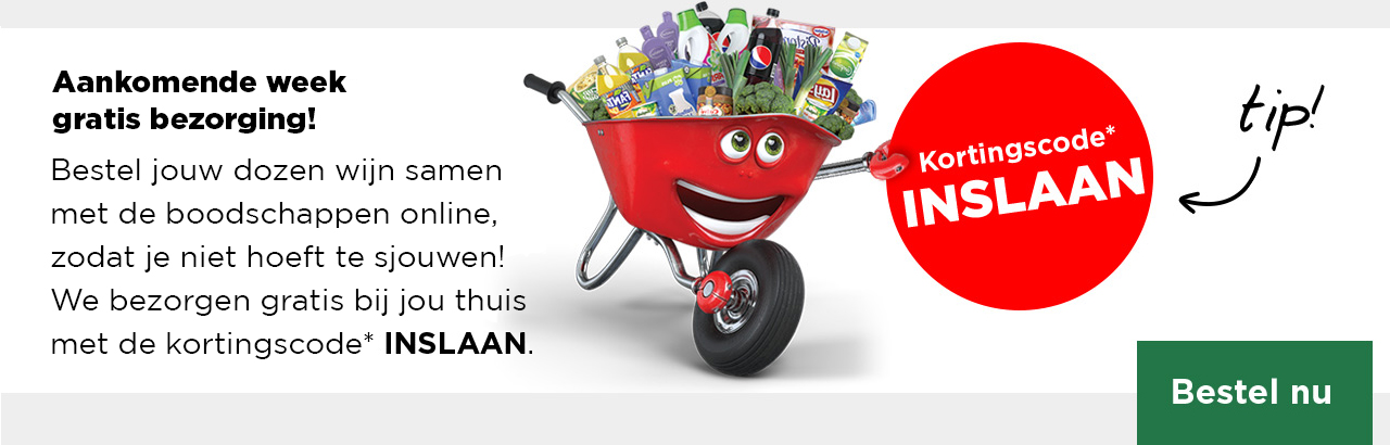 Bestel jouw dozen wijn samen met de boodschappen online, zodat je niet hoeft te sjouwen! We bezorgen gratis bij jou thuis met de kortingscode* INSLAAN.