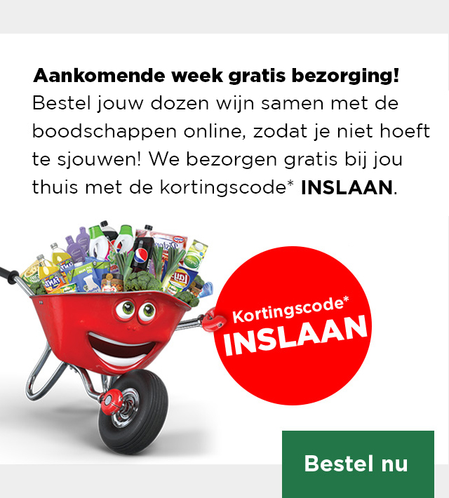 Bestel jouw dozen wijn samen met de boodschappen online, zodat je niet hoeft te sjouwen! We bezorgen gratis bij jou thuis met de kortingscode* INSLAAN.