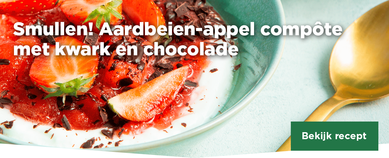 Smullen! Aardbeien-appel compôte met kwark en chocolade