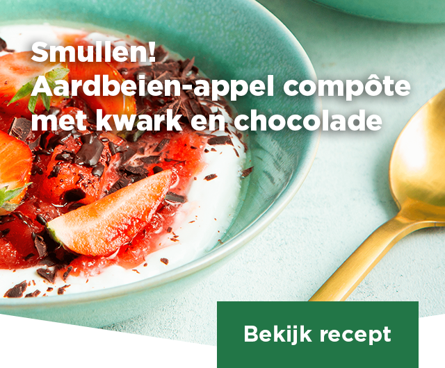 Smullen! Aardbeien-appel compôte met kwark en chocolade