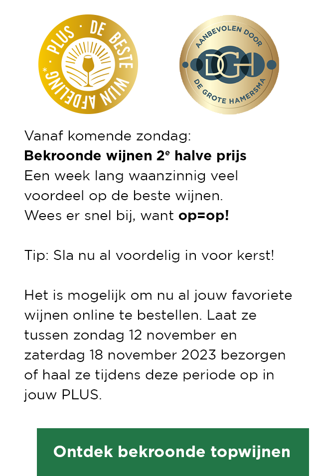 Vanaf komende zondag: Bekroonde wijnen 2e halve prijs. Een week lang waanzinnig veel voordeel op de beste wijnen. Wees er snel bij, want op=op!