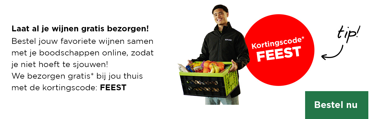 Laat al je wijnen gratis bezorgen! Bestel jouw favoriete wijnen samen met je boodschappen online, zodat je niet hoeft te sjouwen! We bezorgen gratis* bij jou thuis met de kortingscode: FEEST