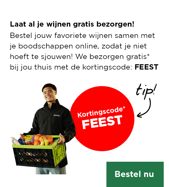Laat al je wijnen gratis bezorgen! Bestel jouw favoriete wijnen samen met je boodschappen online, zodat je niet hoeft te sjouwen! We bezorgen gratis* bij jou thuis met de kortingscode: FEEST