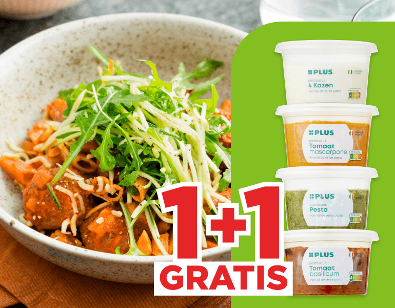 Volkorenpasta met balletjes in PLUS pastasaus