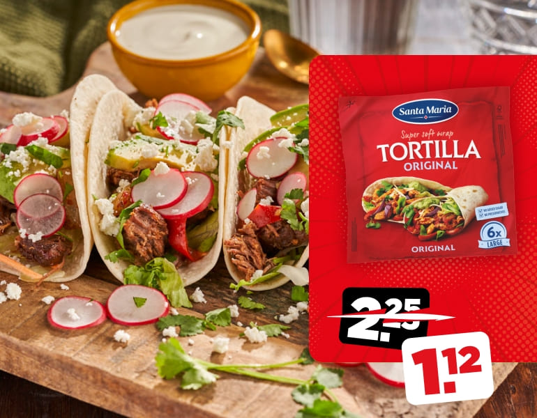 Pulled beef met Santa Maria taco's voor de helft