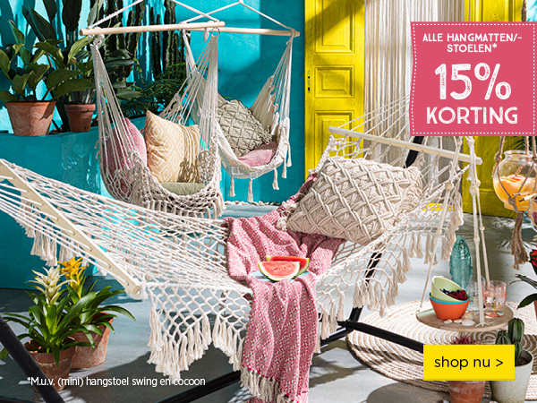 Alle hangmatten- en stoelen* 15% korting | *M.u.v. (mini) hangstoel Swing en Cocoon