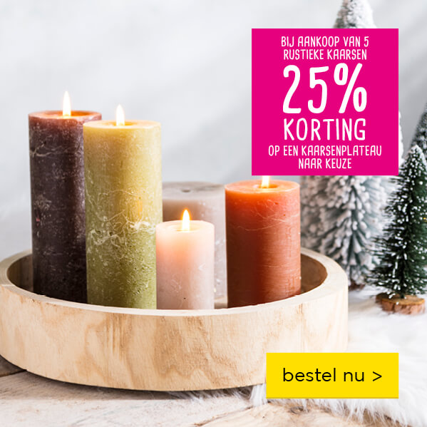 Bij aankoop van 5 kaarsen rustieke kaarsen | 25% korting op een kaarsenplateau naar keuze | bestel nu >