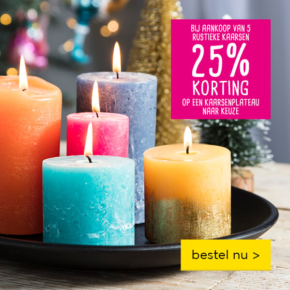 Bij aankoop van 5 kaarsen rustieke kaarsen | 25% korting op een kaarsenplateau naar keuze | bestel nu >